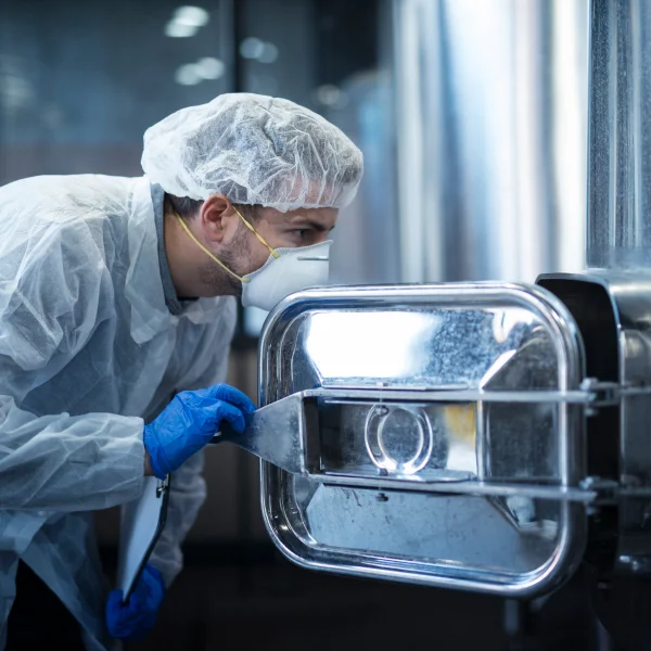 Un homme en blouse blanche et gant bleu travaille sur un récipient métallique.