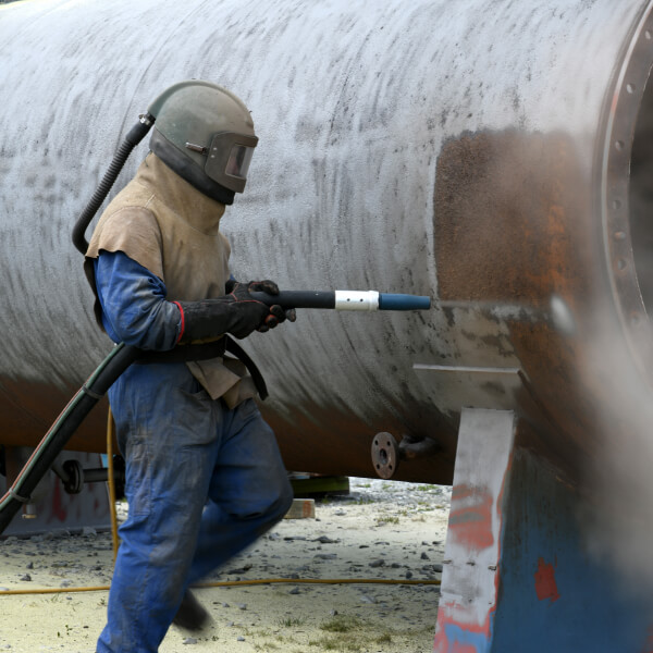 Gros plan d'une sableuse industrielle mettant l'accent sur les valves de sécurité et les composants de filtration écologiques dans un atelier professionnel.