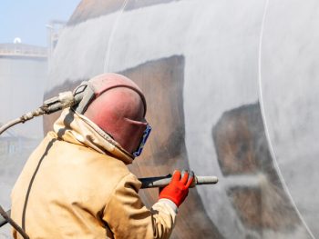 Un travailleur industriel en tenue de protection utilisant une sableuse pour nettoyer et préparer une surface métallique dans un atelier.