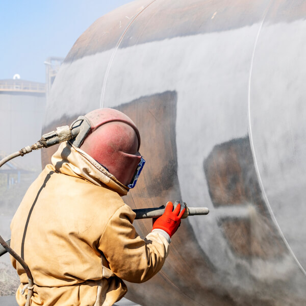 Un travailleur industriel en tenue de protection utilisant une sableuse pour nettoyer et préparer une surface métallique dans un atelier.