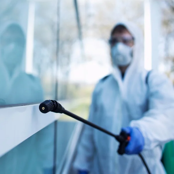 Une personne en combinaison de protection pulvérise un produit sur une fenêtre.