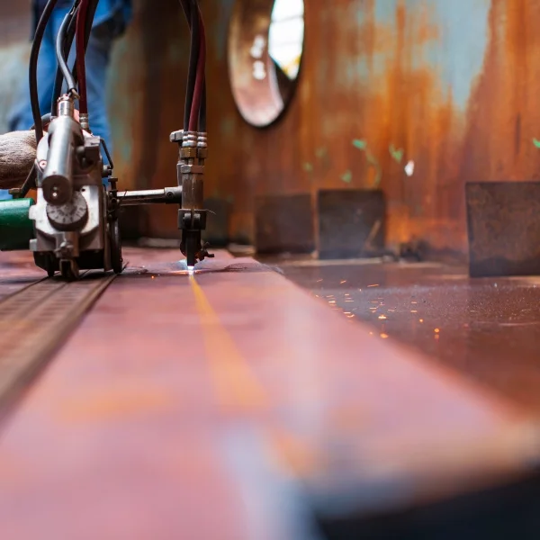 Une personne travaillant sur une surface métallique avec une machine.