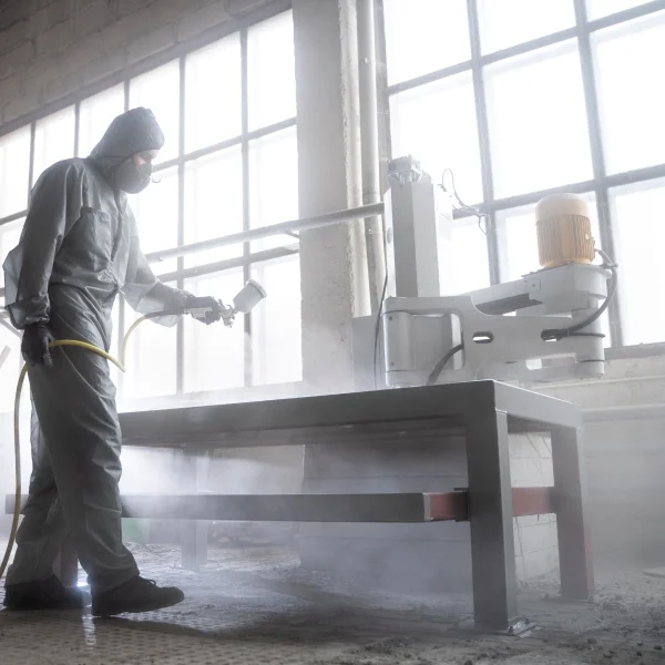 Un homme en combinaison de protection pulvérise un produit sur une table.